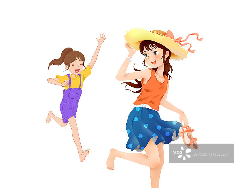大夏天阳光下戴草帽追逐的少女倆图片素材