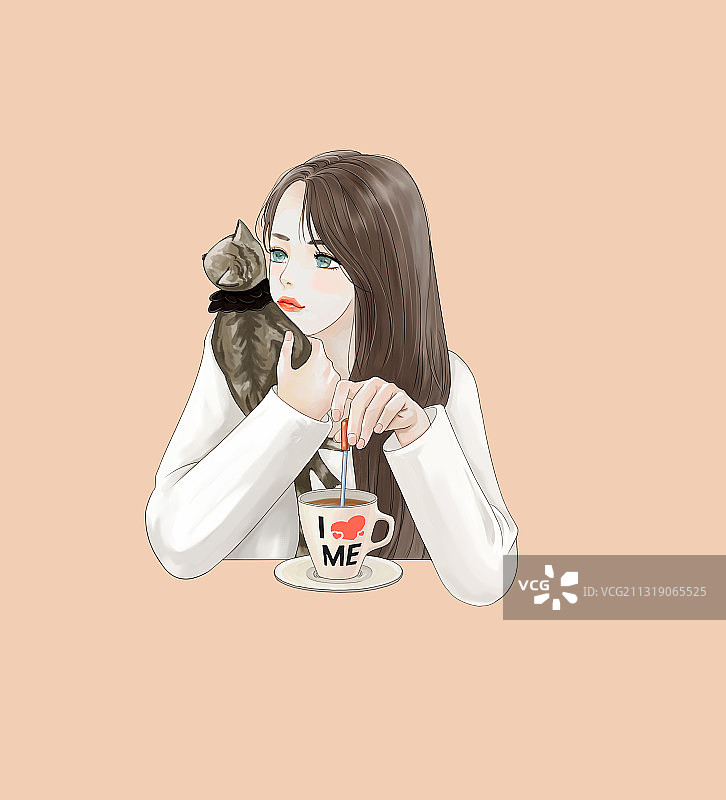 手抱猫咪喝咖啡的少女图片素材