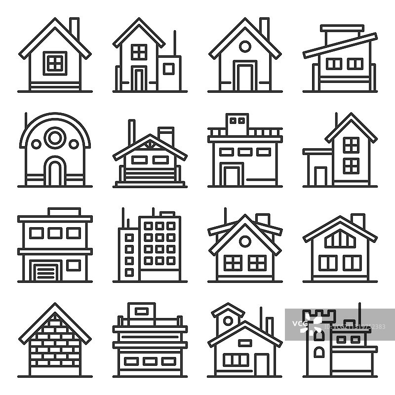家庭和房屋建筑图标设置线条风格图片素材