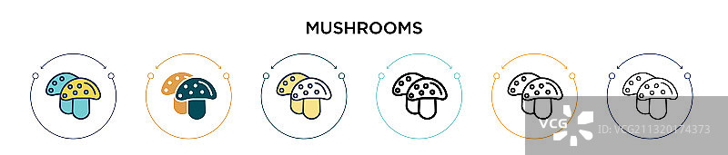 蘑菇图标在填充细线和轮廓线图片素材