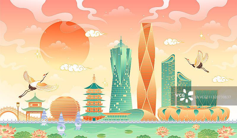 杭州地标建筑矢量插画图片素材