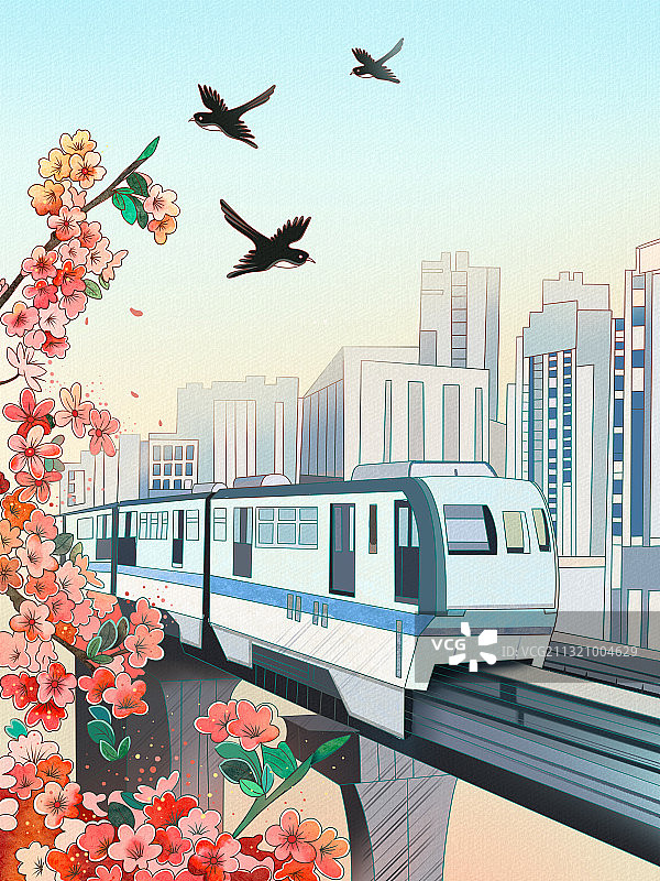 重庆轻轨开往春天的列车插画图片素材