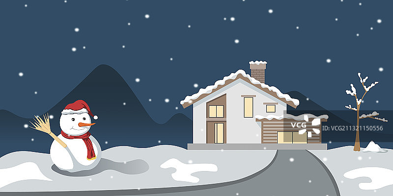 平安夜圣诞节的雪人和房子冬季矢量插画图片素材