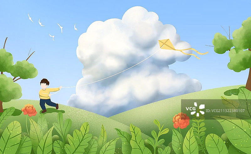 春天户外放风筝的小孩插画图片素材