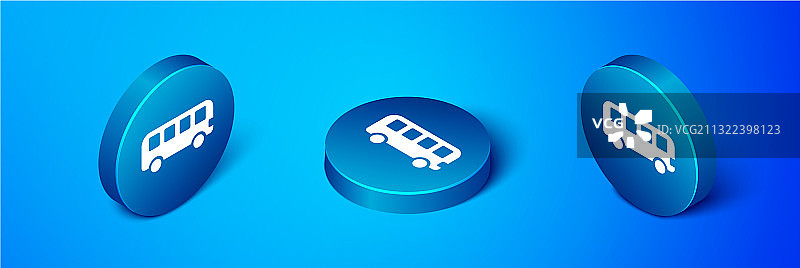 等距巴士玩具图标隔离在蓝色背景图片素材