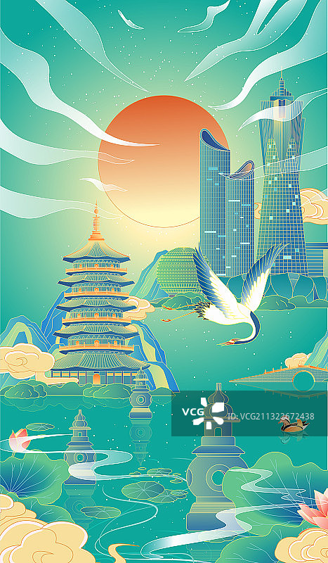 杭州城市国风插画竖版图片素材