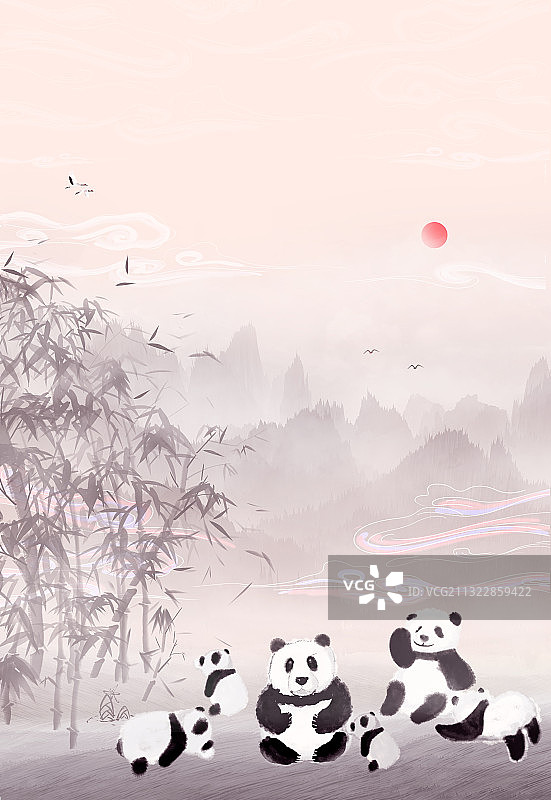 熊猫在竹林里嬉戏玩耍插画背景图片素材