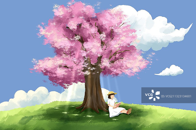 春天小女孩坐在樱花树下阅读书籍图片素材