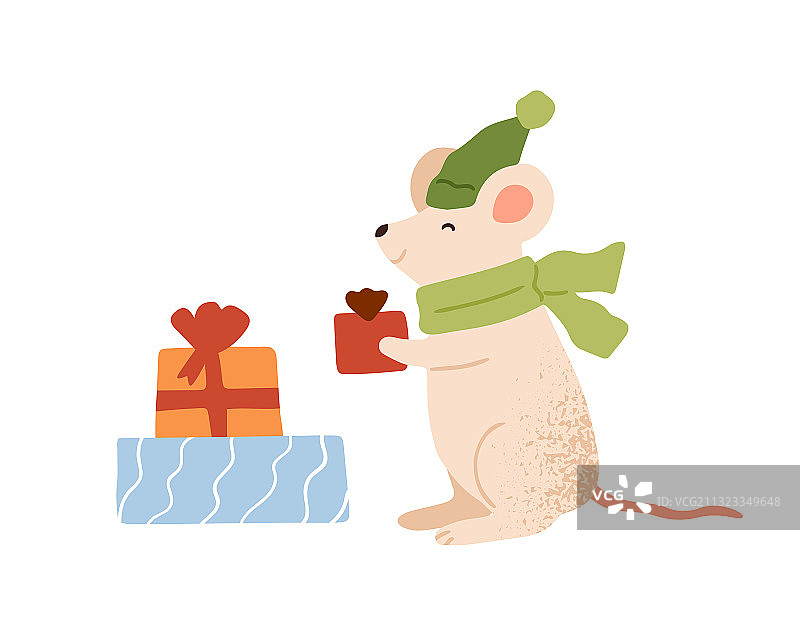 滑稽老鼠抱着圣诞礼盒扁平图片素材