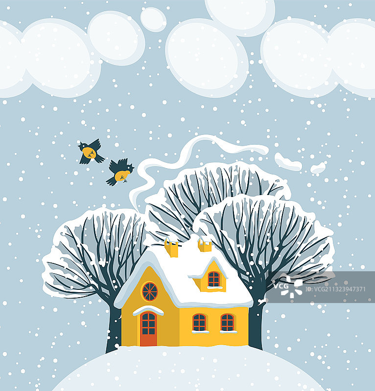 冬天的风景和被雪覆盖的房子和树木图片素材