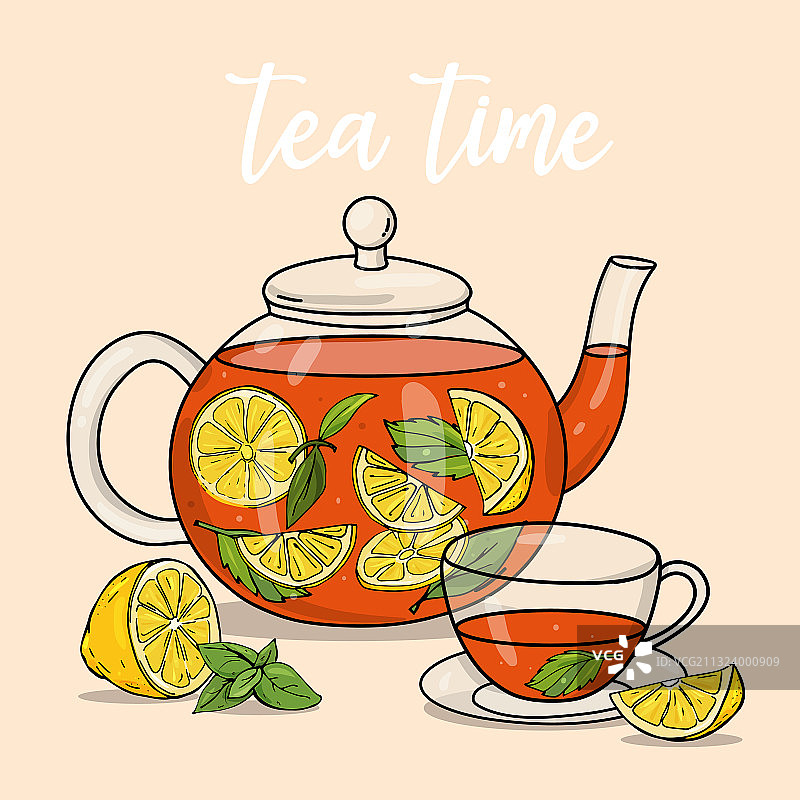 玻璃茶壶和一杯柠檬薄荷茶图片素材