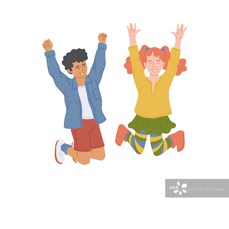 快乐的男孩和女孩高兴地跳平图片素材