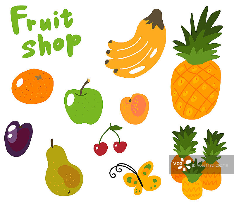 水果商店素描设置橙子苹果香蕉图片素材