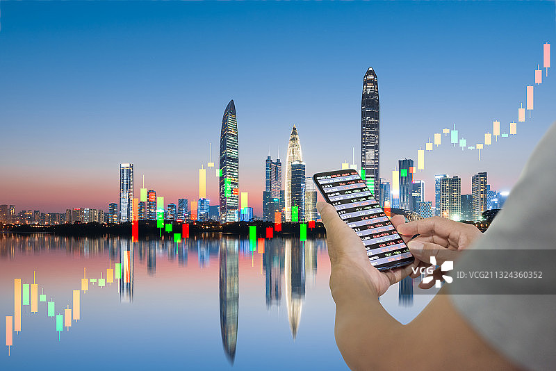 深圳城市建筑天际线繁华夜景和股票金融走势概念图片素材