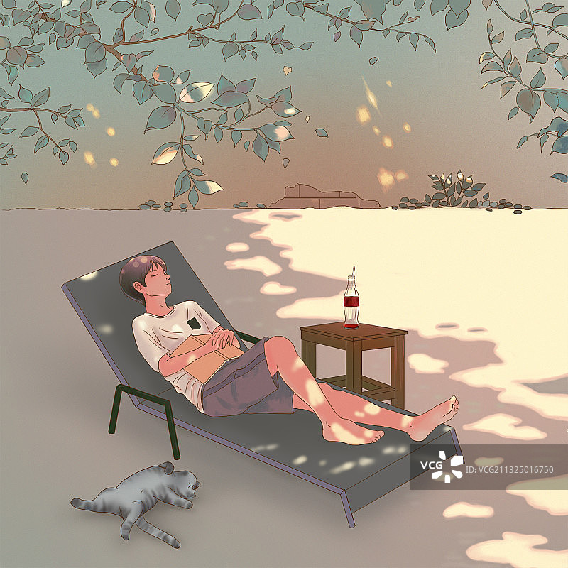 夏天午后休息少年午睡安静浪漫唯美插画图片素材