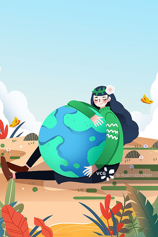 卡通手绘少女拥抱地球世界地球日插画图片素材