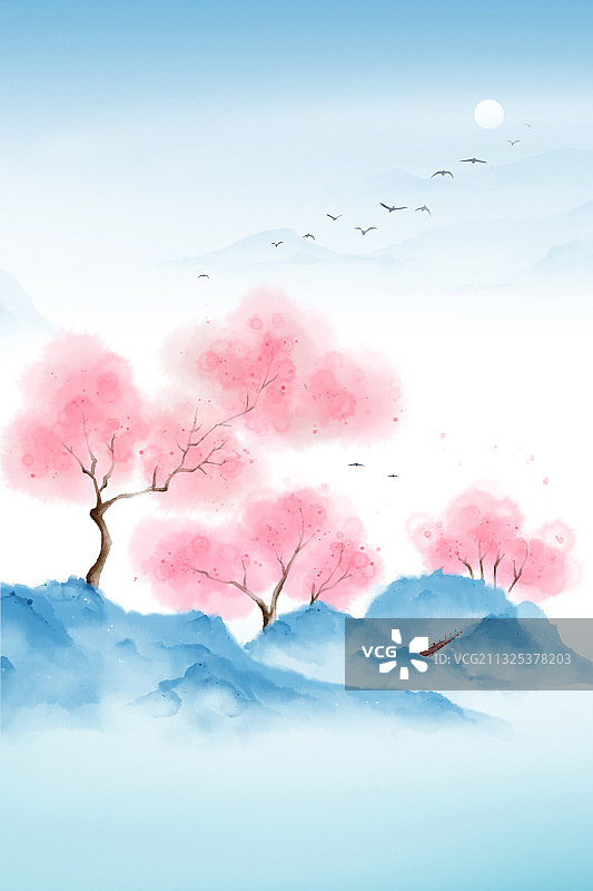 淡蓝色野外的桃花树水彩插画图片素材