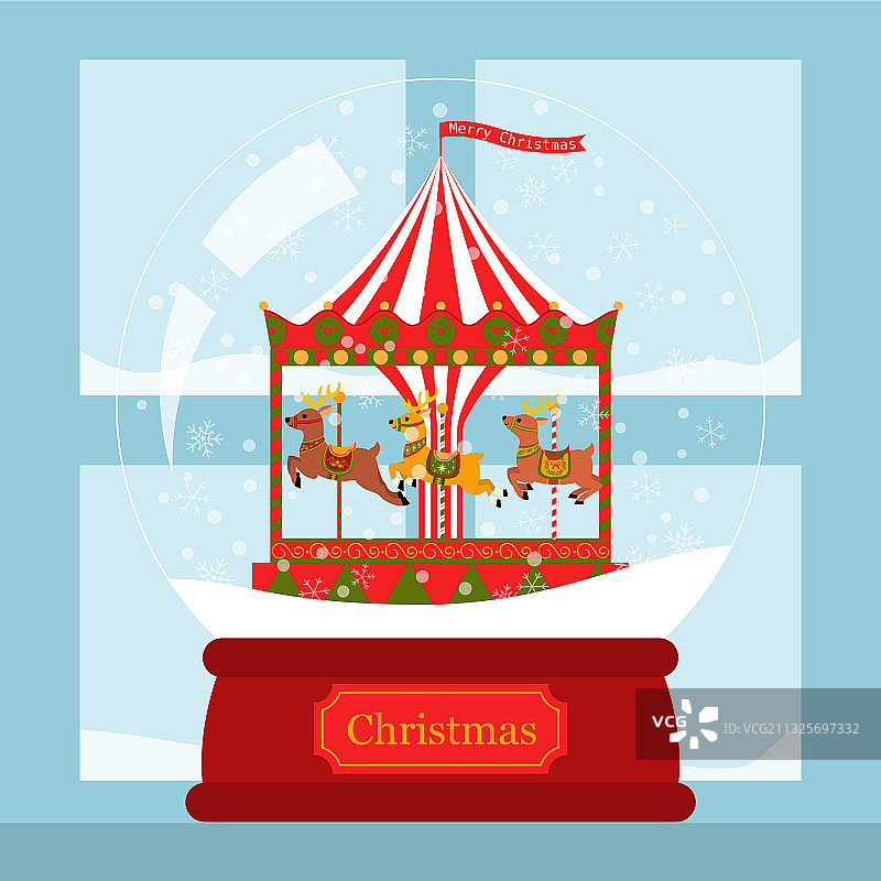 圣诞贺卡驯鹿corousel在雪花球经过图片素材