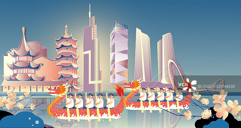 端午节赛龙舟南京城市地标横板矢量插画图片素材