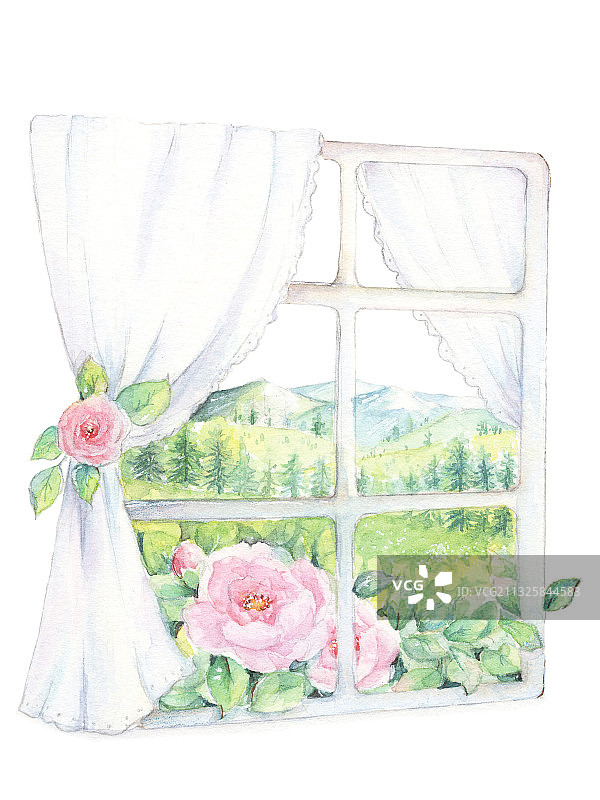 水彩手绘装饰建筑鲜花植被阳台沙发窗户外景图片素材