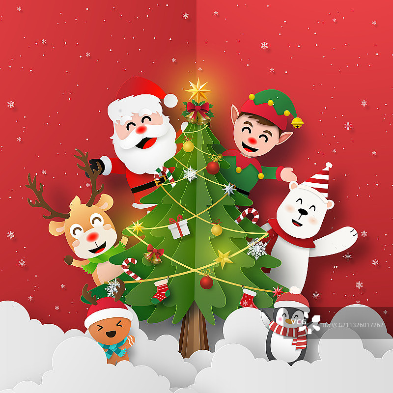 圣诞老人和朋友们一起圣诞树图片素材