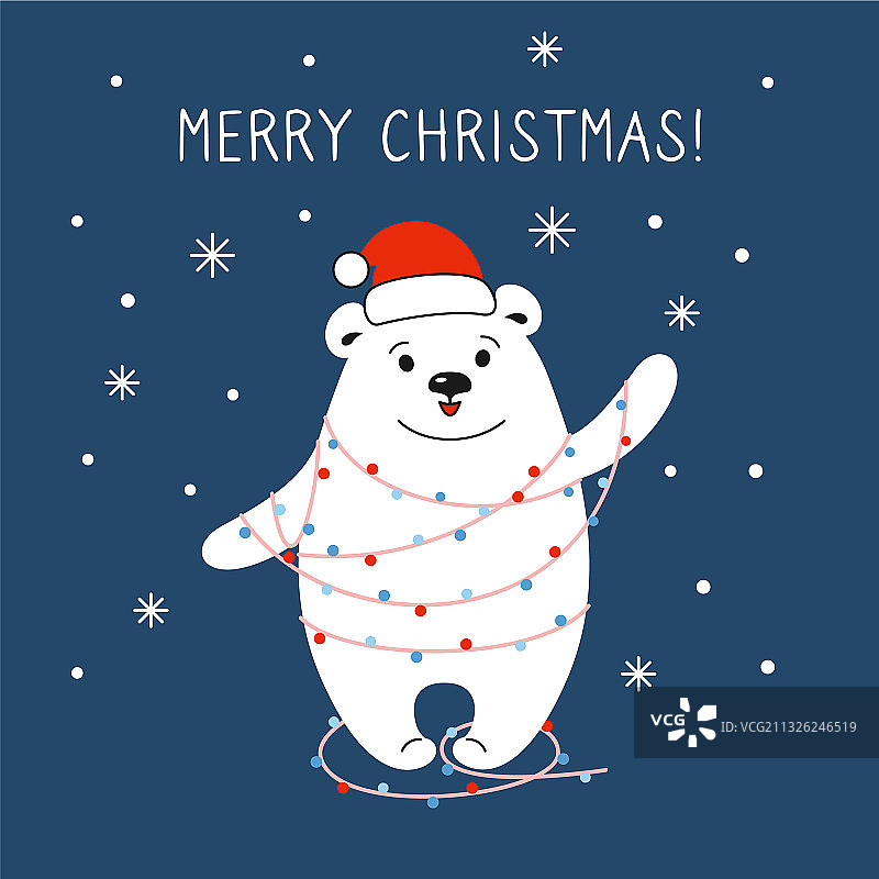 圣诞贺卡卡通北极熊红帽子花环图片素材