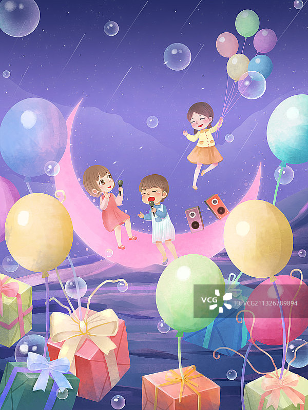 夜色月亮儿童唱歌欢乐海洋气球礼物节日插画图片素材