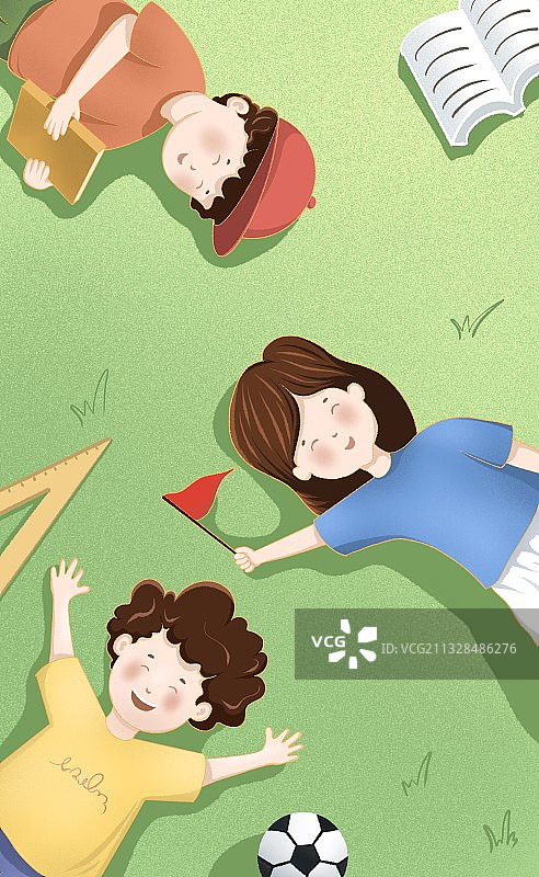 小孩躺在草地上插画图片素材