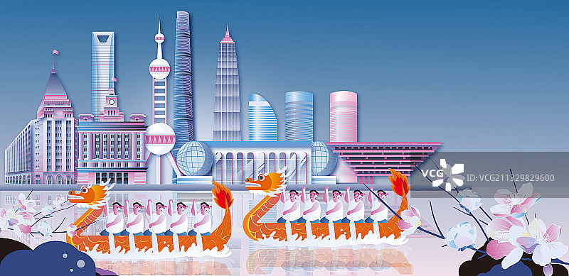 端午节赛龙舟上海城市地标横版矢量蓝粉图片素材