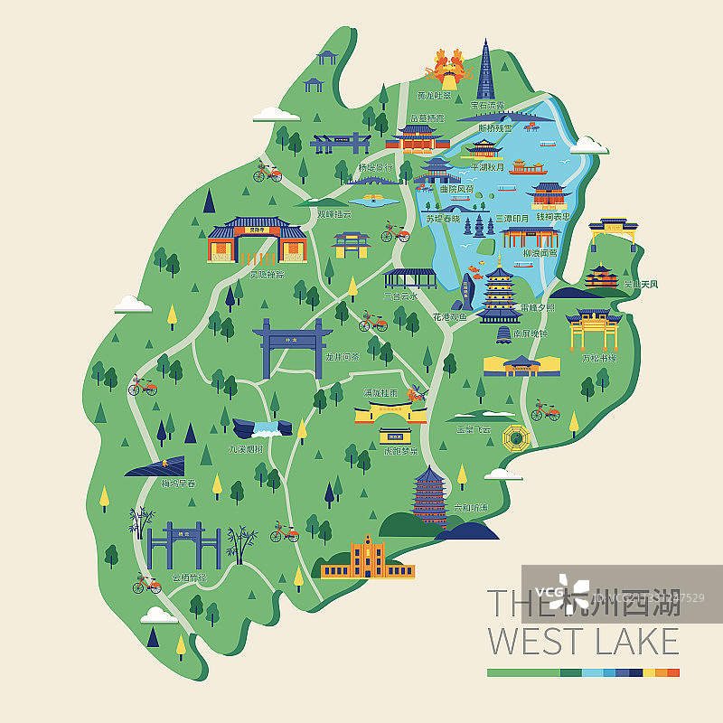 西湖旅游插画矢量地图图片素材