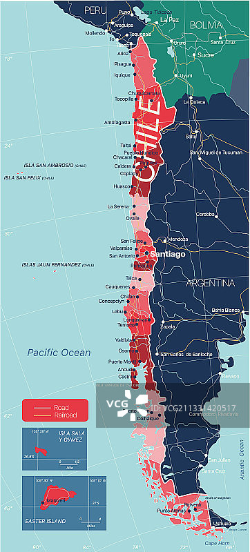 智利国家详细可编辑地图图片素材