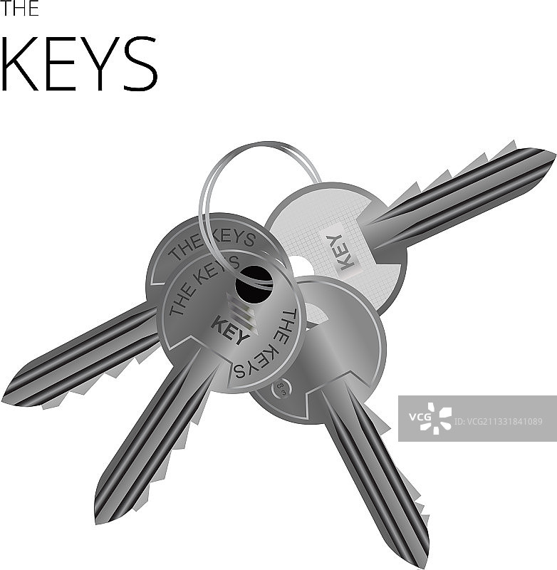 一个钥匙链与4个金属钥匙逼真图片素材