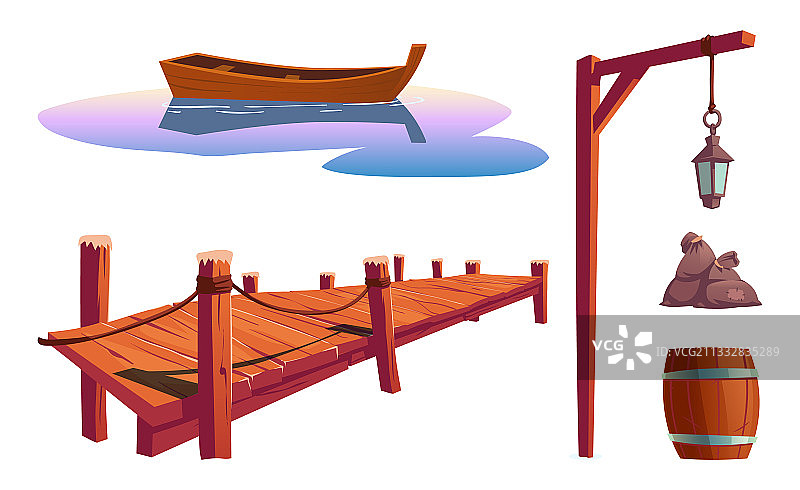 渔船和灯笼用的旧木码头图片素材