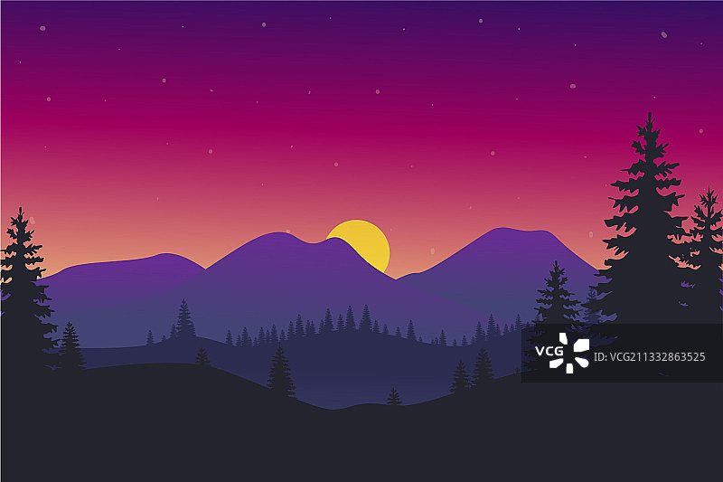 夕阳景观山和树都带着紫色图片素材