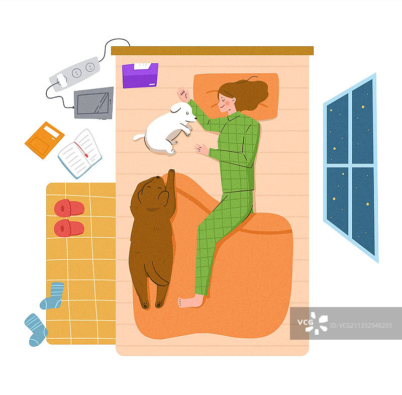 一个女人和小狗躺在床上的插图图片素材