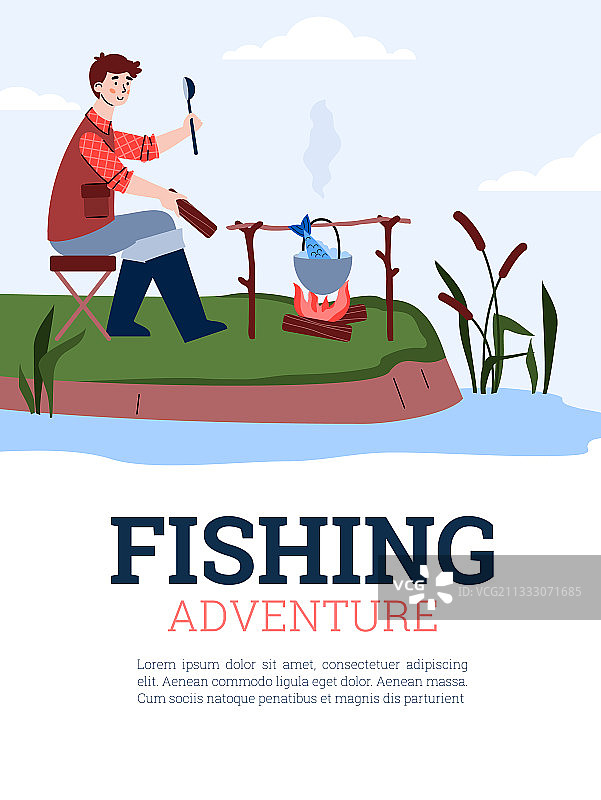 钓鱼冒险卡片或海报与渔民图片素材