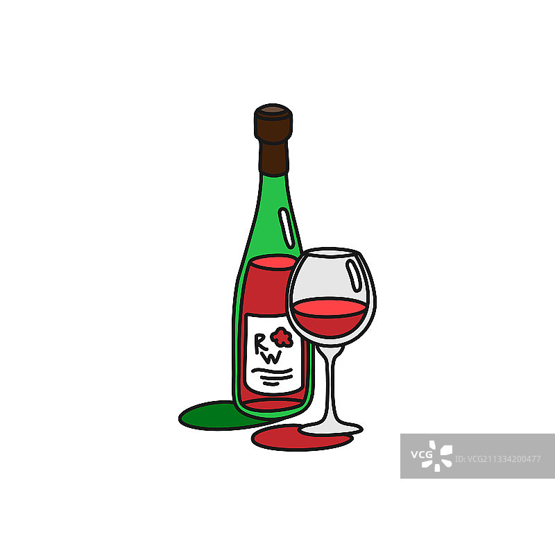 红色酒瓶和玻璃轮廓图标上的白色图片素材