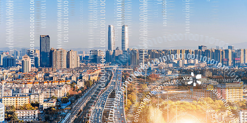 中国云南昆明双塔城市天际线和数字化城市概念图片素材