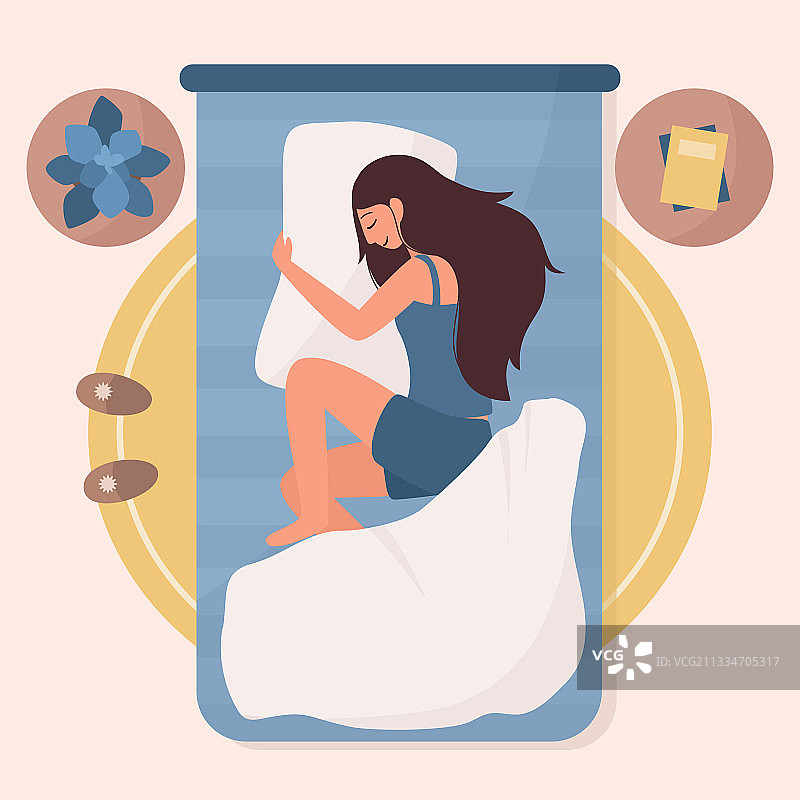 年轻女子抱着枕头睡在床上图片素材