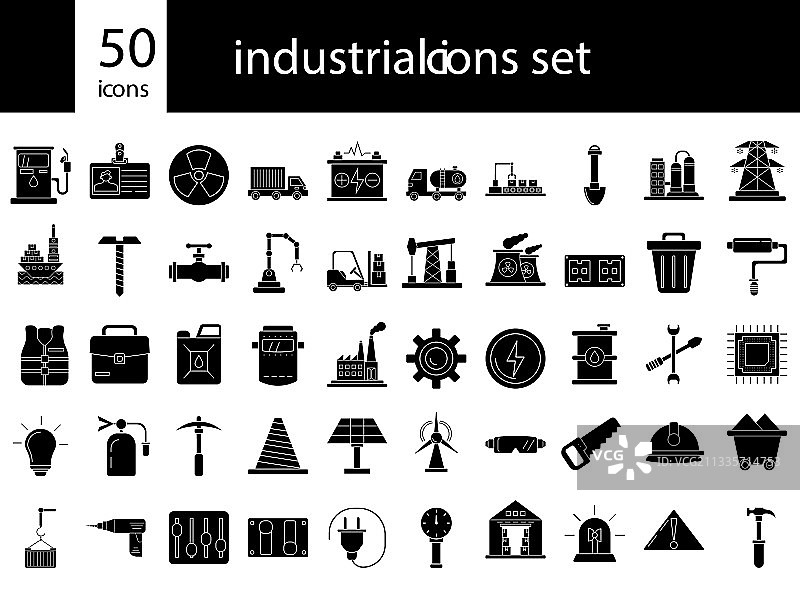 50工业字形图标设置在平面风格图片素材