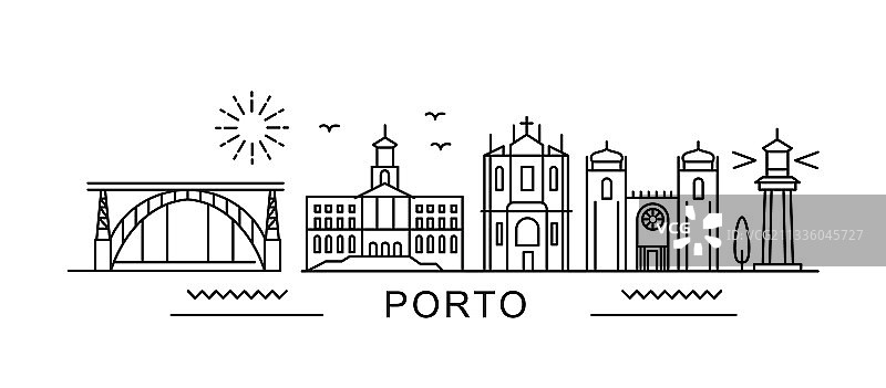 城市波尔图在轮廓风格的白色地标图片素材