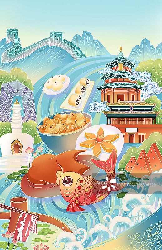 中国风插画 鲤鱼建筑图片素材