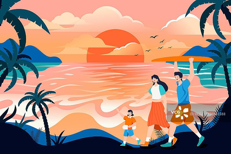 卡通夏季夏天海边度假旅游旅行休闲娱乐出游亲子游家人矢量插画图片素材