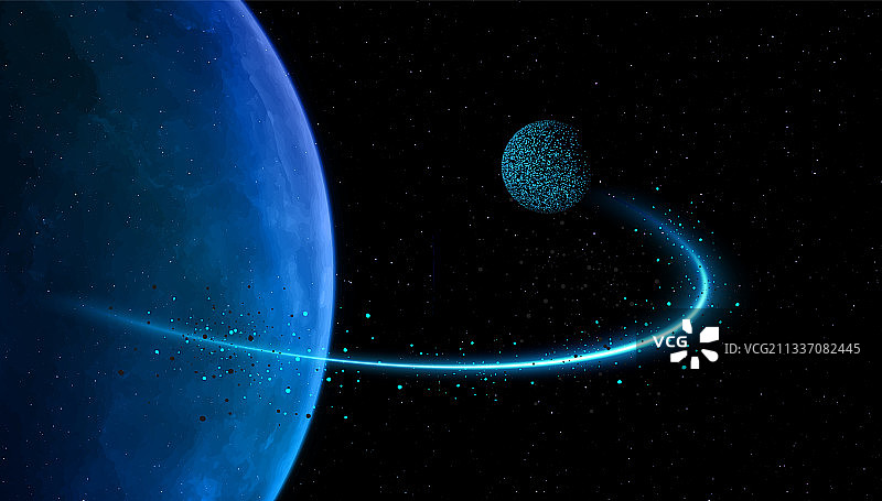 卫星围绕蓝色星球延轨道运行，抽象矢量科技天文背景图片素材