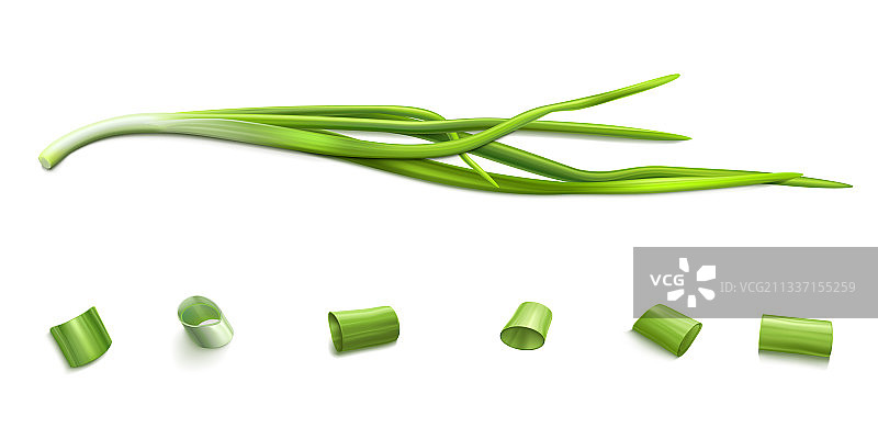 韭菜串成串，葱或蒜切成片图片素材