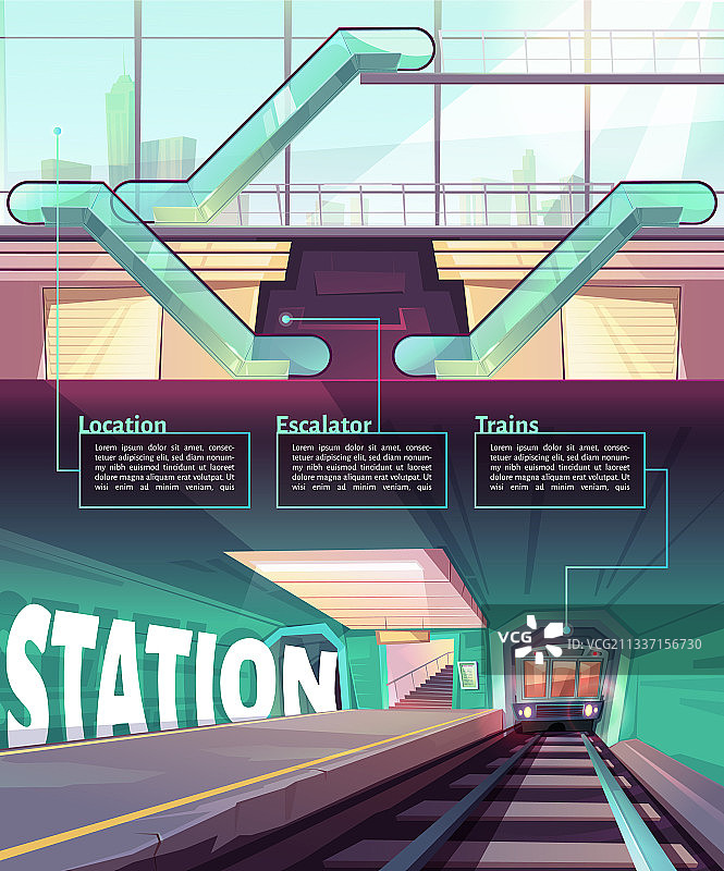 卡通信息图与地铁车站的火车图片素材