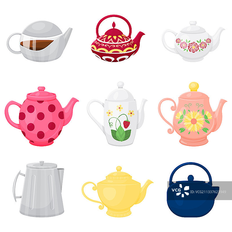 收藏不同的茶壶卡通风格图片素材