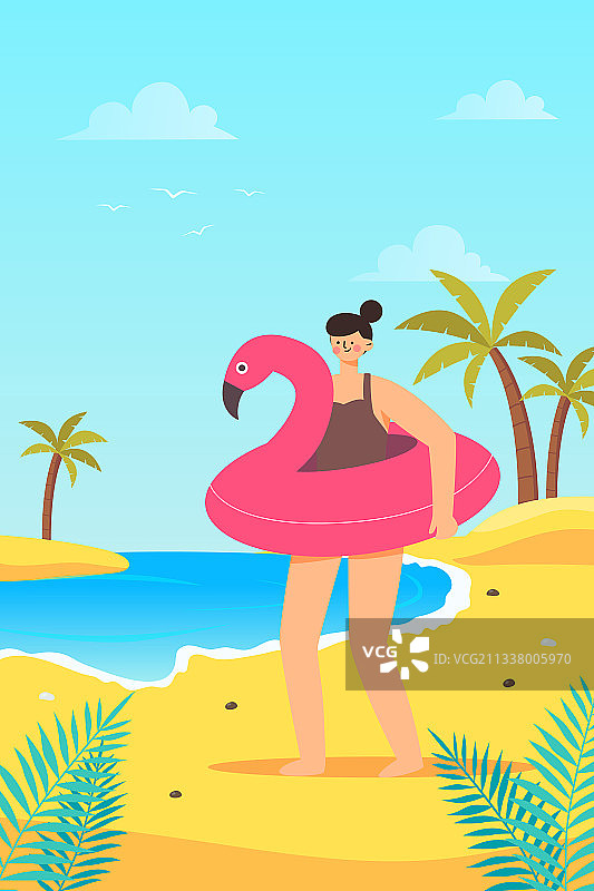 夏天海边度假的女孩矢量插画图片素材