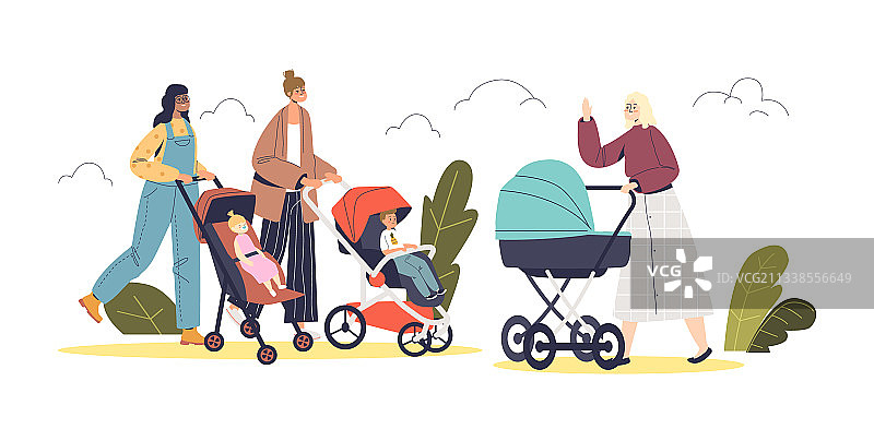快乐的妈妈和婴儿车里的孩子一起散步图片素材