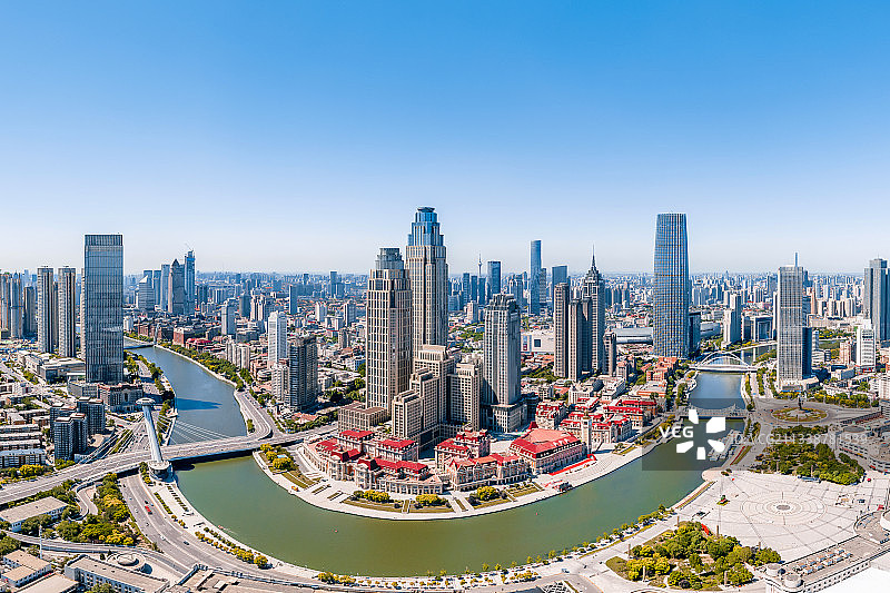 中国天津海河和津湾广场CBD城市天际线航拍全景图片素材